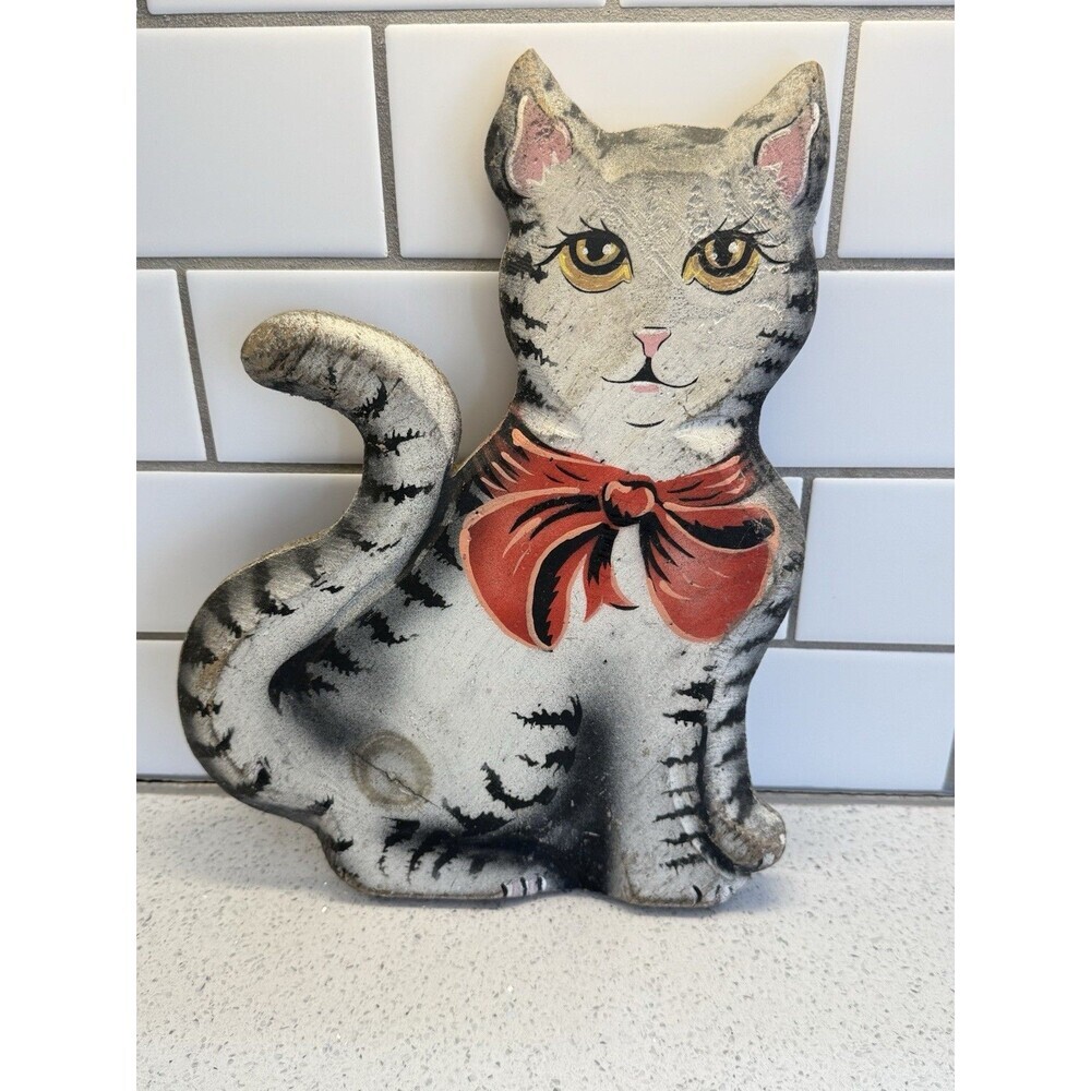 Hand Made Wood Cat 13" Tall Primitive Decor Painted Floral Folk Art Kitty Signed - Picture 3 of 13